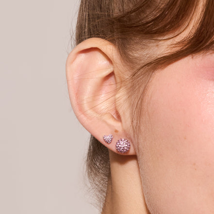Small Lilac Sparkle Ball™ Stud Earrings and Lilac Mini Sparkle Heart Studs on model