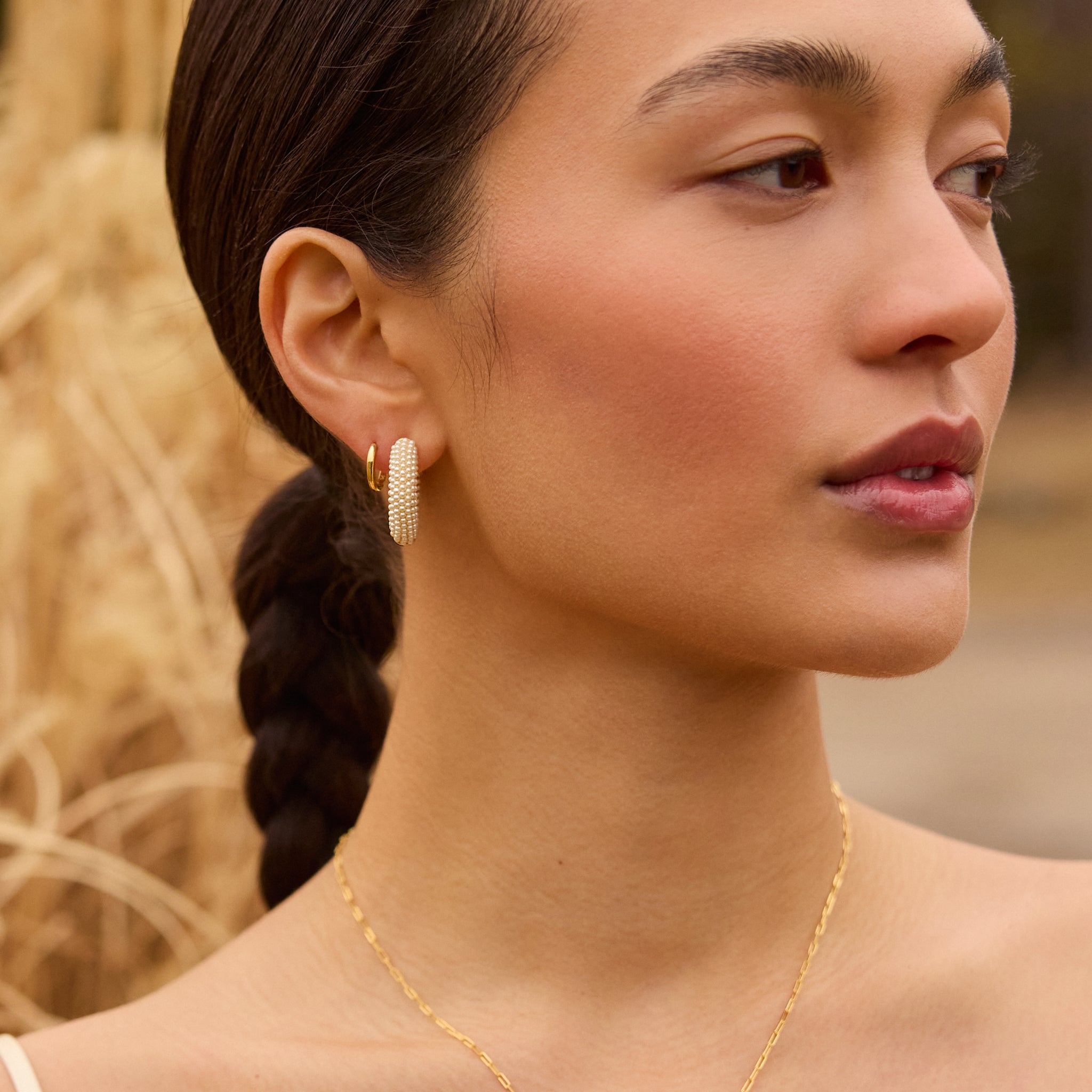 Cream Pearl Hoop Earrings on model