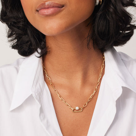 Clip Charm Chain Necklace — Gold with Carabiner on model