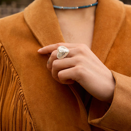 Etched Floral Heart Ring on model