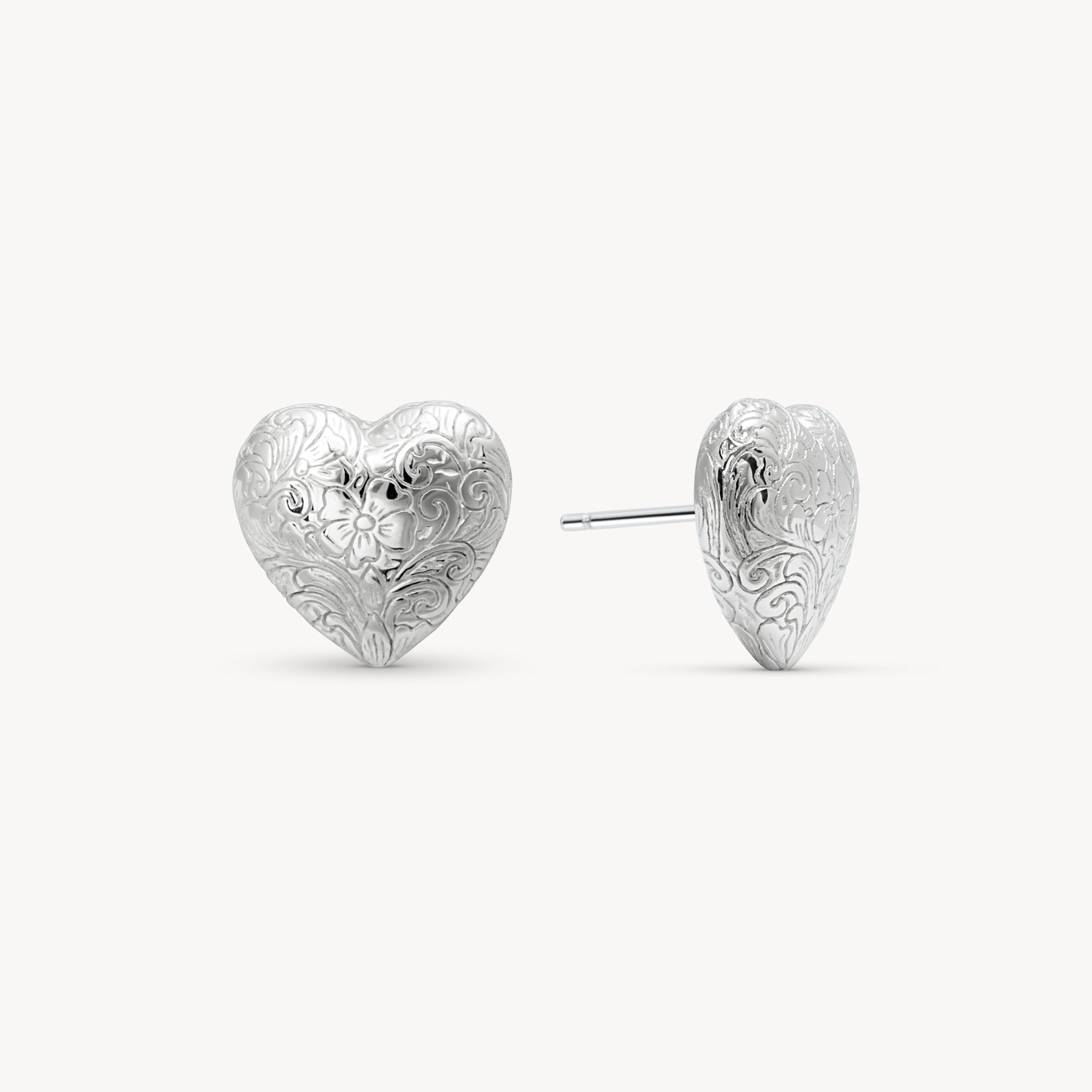 Etched Floral Heart Stud Earrings