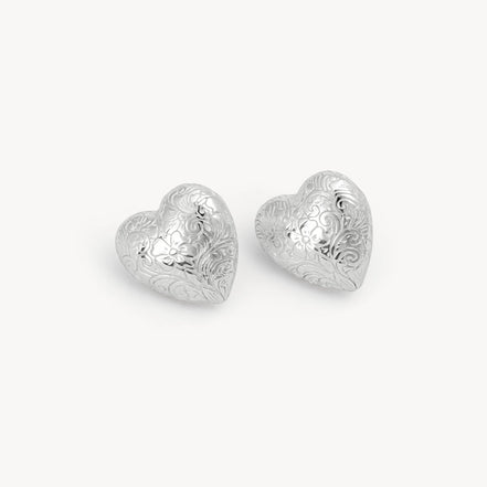 Etched Floral Heart Stud Earrings