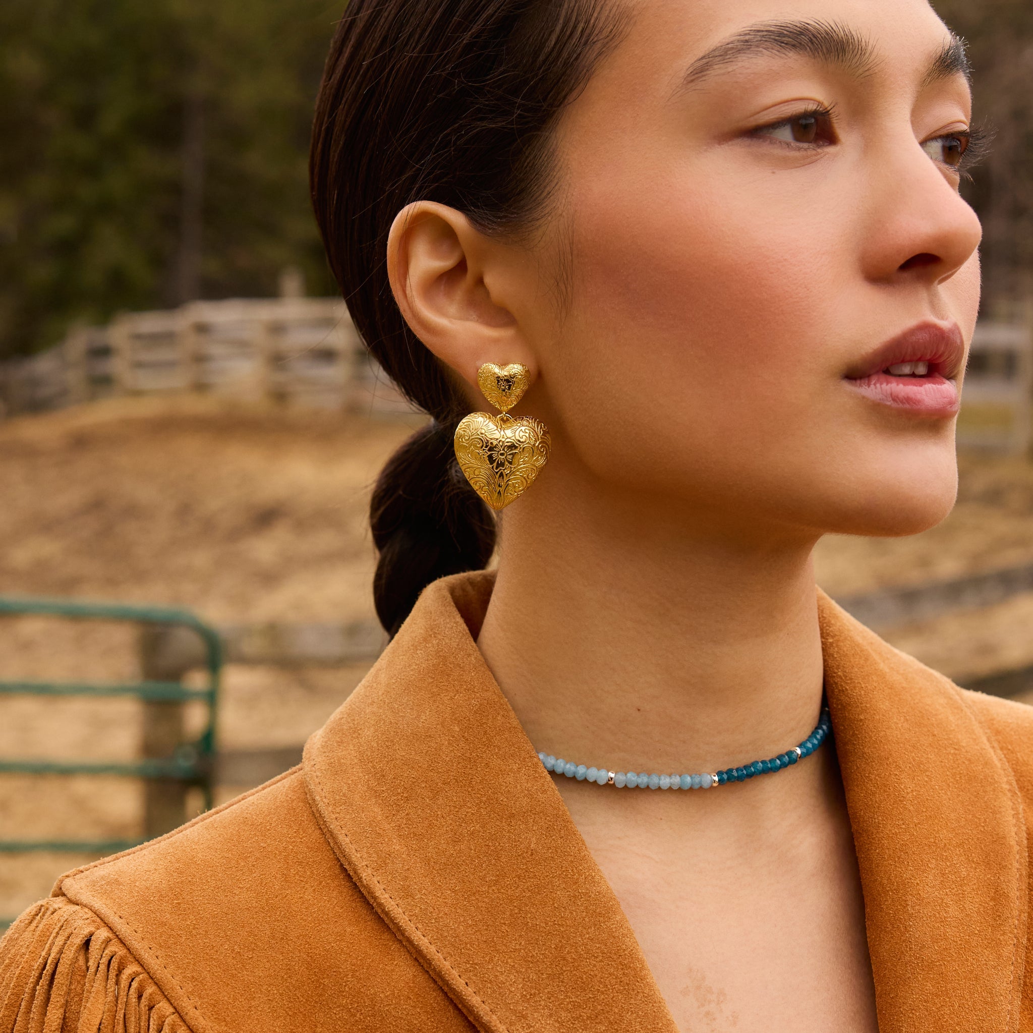 Etched Floral Statement Earrings on model