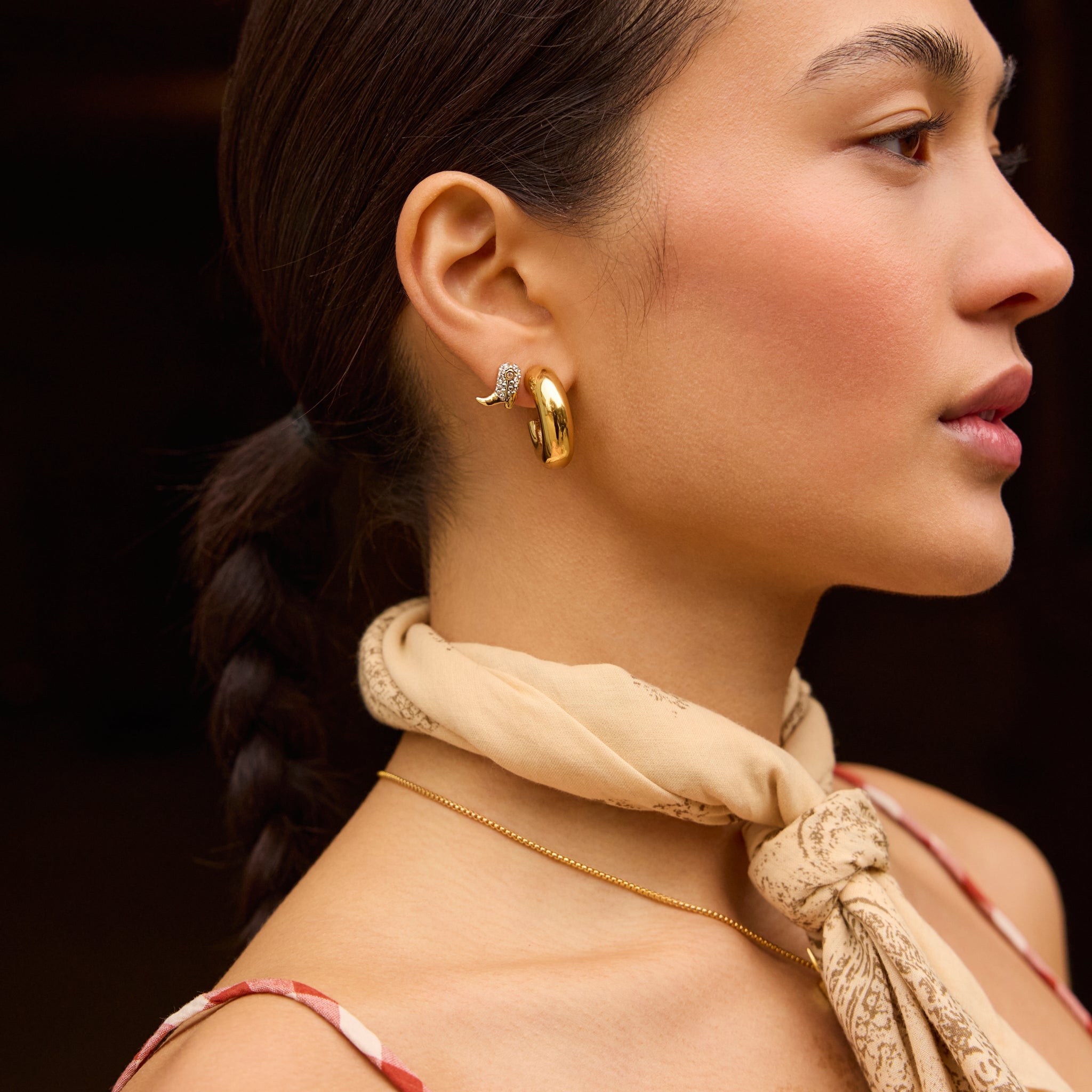 Ride Boot Sparkle Stud Earrings and Chunky Statement Hoop on model