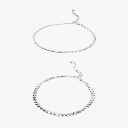 Heart & Herringbone Anklet Set Silver