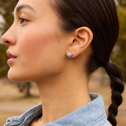 Small Denim Sparkle Ball™ Stud Earrings on model