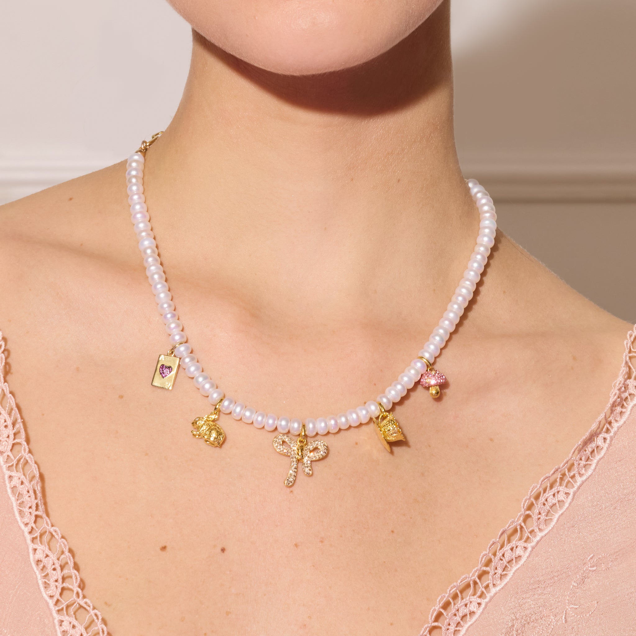 Alice-Inspired Charm Necklace on model