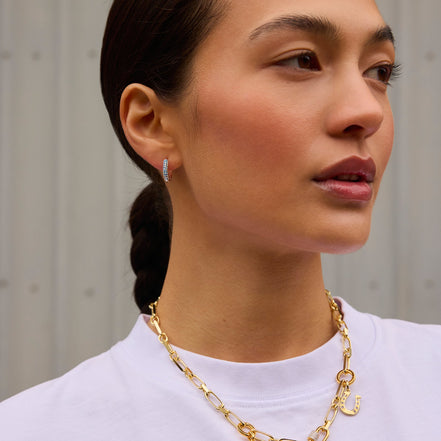 Denim Always On Sparkle Hoop Earrings on model