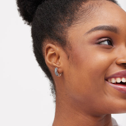 Colour Block Sparkle Hoop Earrings Hematite Side on model