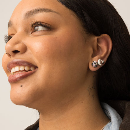 Cowboy Boot Stud Earrings Silver on model