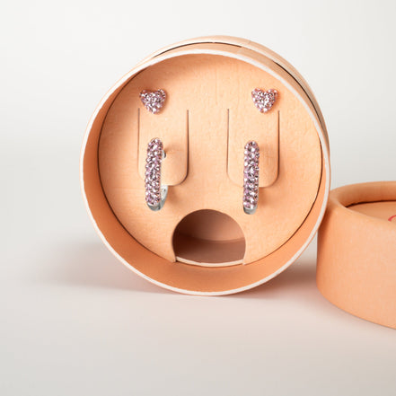 Lilac Always On Sparkle Hoops and Heart Studs Gift Set in packaging
