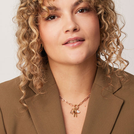 Clip Charm Chain Necklace — Rose Gold with Gold Circle Link on model