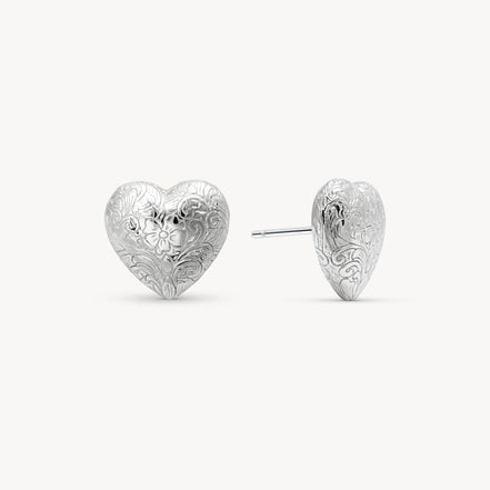 Etched Floral Heart Stud Earrings