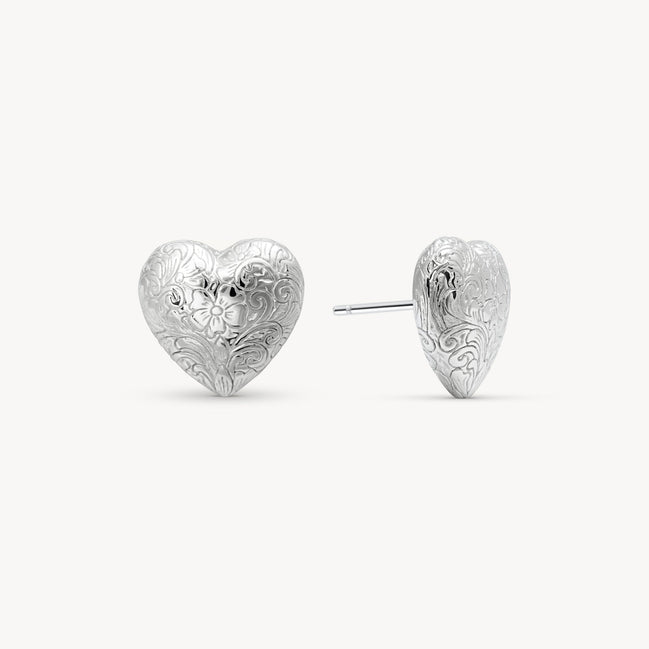 Etched Floral Heart Stud Earrings