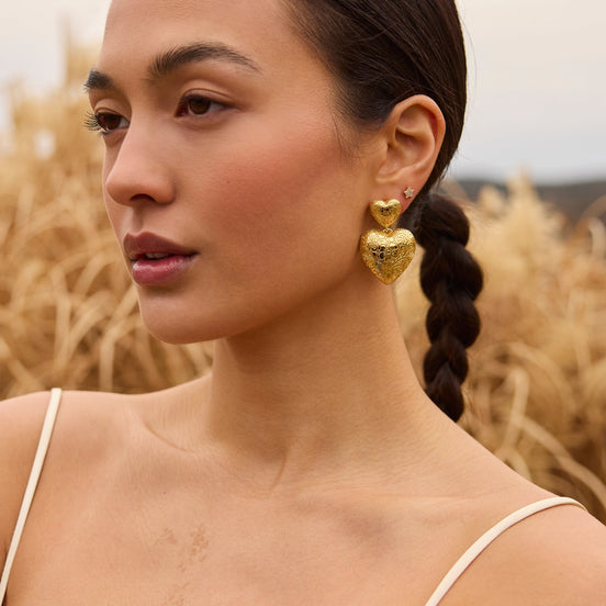 Etched Floral Statement Earrings on model