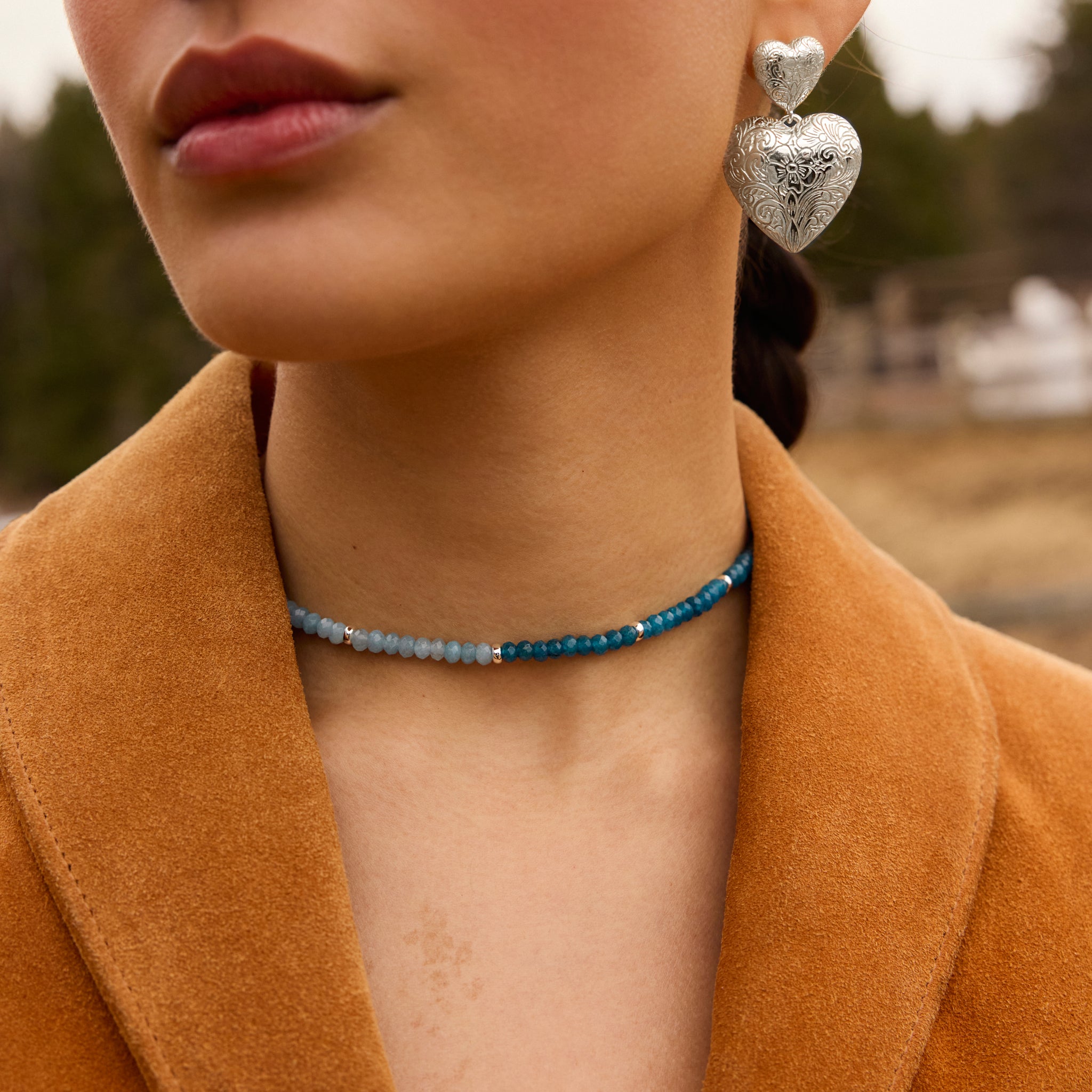 Blue Chalcedony Gemstone Versa Wrap as a necklace on model