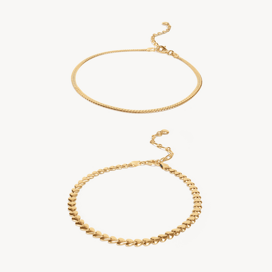 Heart & Herringbone Anklet Set Gold
