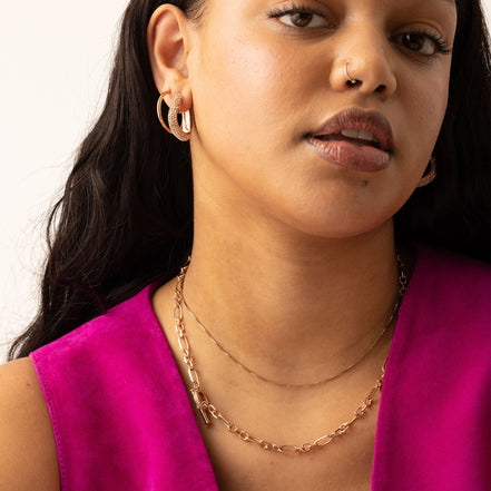 Box Chain Slider Necklace Rose Gold on model