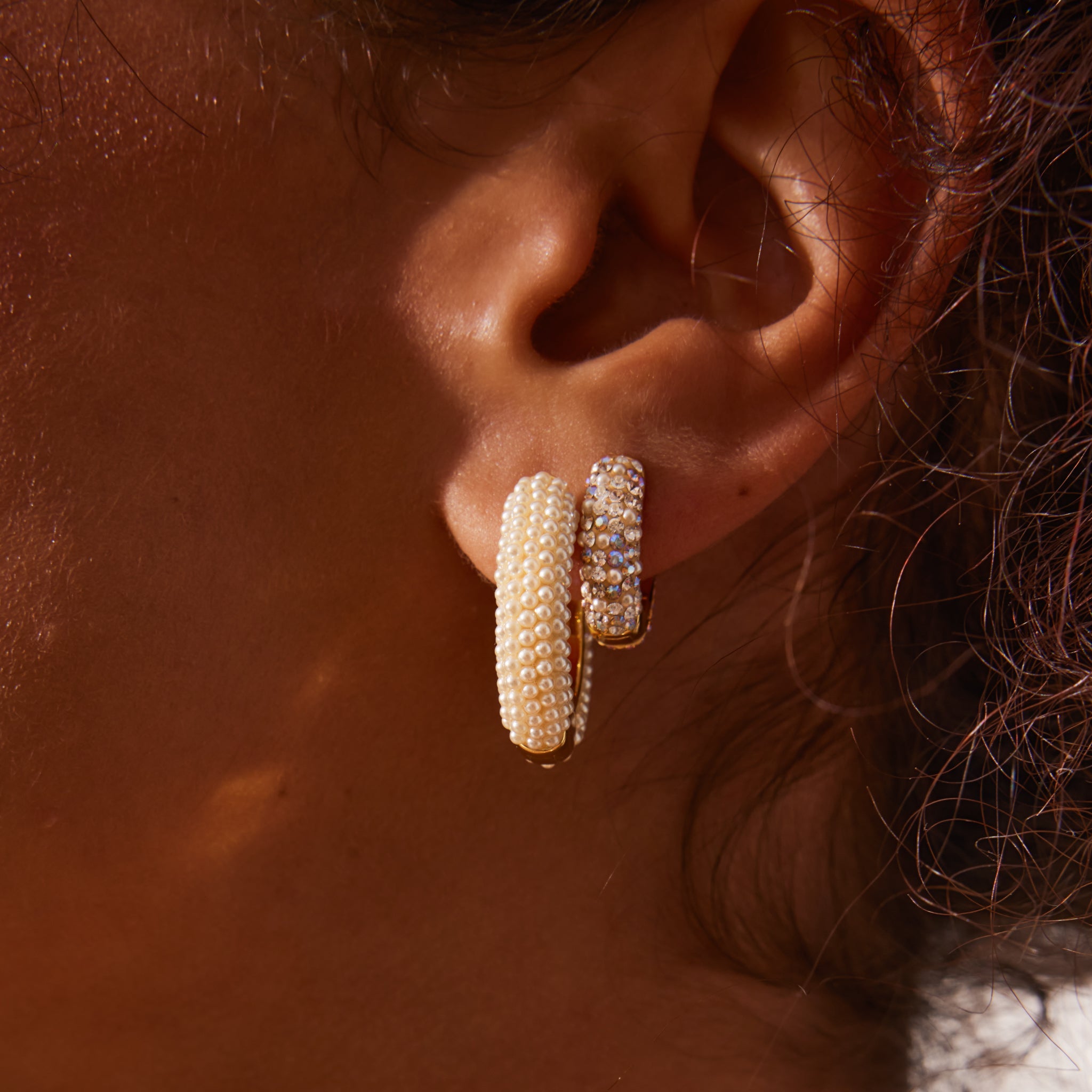 Cream Pearl Hoop Earrings on model