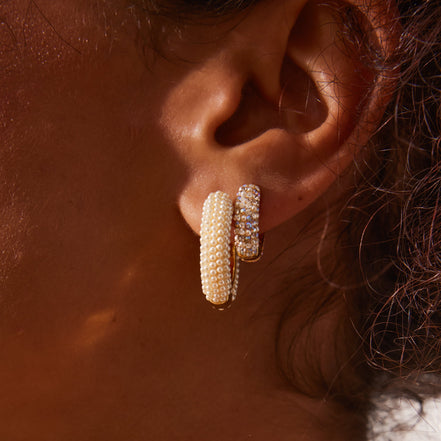 Cream Pearl Hoop Earrings on model