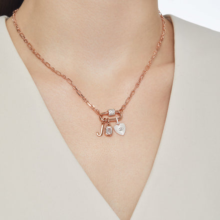 Rose Gold Carabiner Twist Link Charm Holder and Silver Heart Beam Charm on model