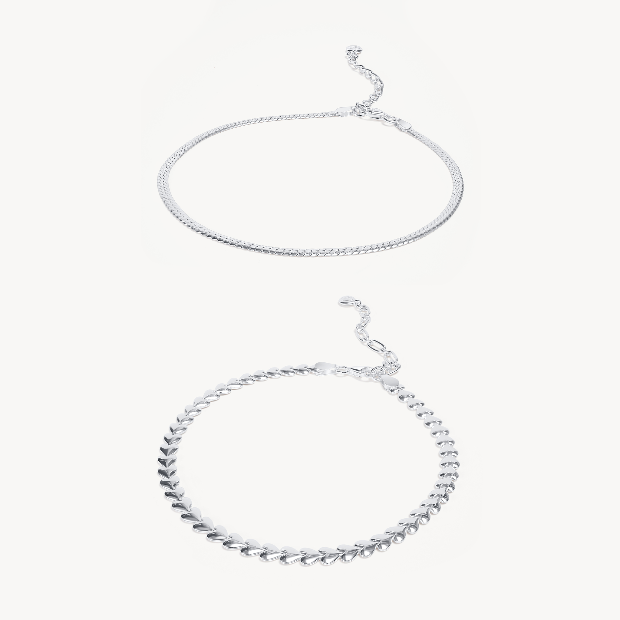 Heart & Herringbone Anklet Set Silver