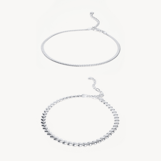 Heart & Herringbone Anklet Set Silver