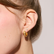 Soft Gold Sparkle Reversible Hoop Earrings Etched floral side on model