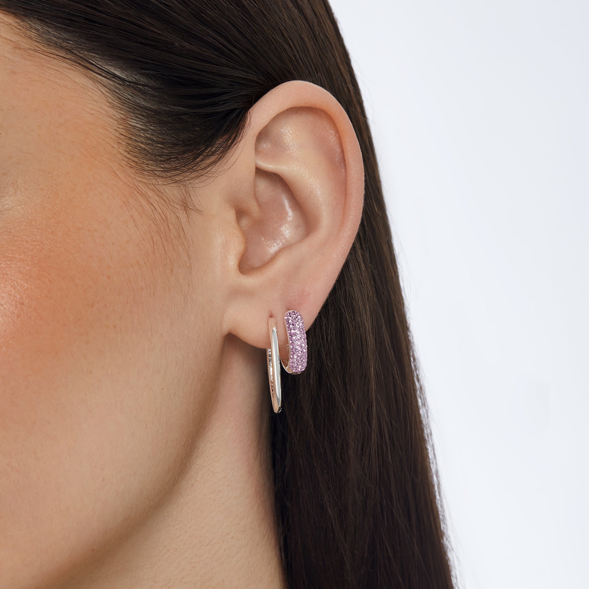 Lilac Sparkle Reversible Hoop Earrings on model
