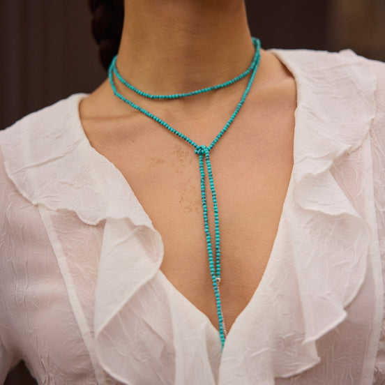 Turquoise Lariat Necklace on model
